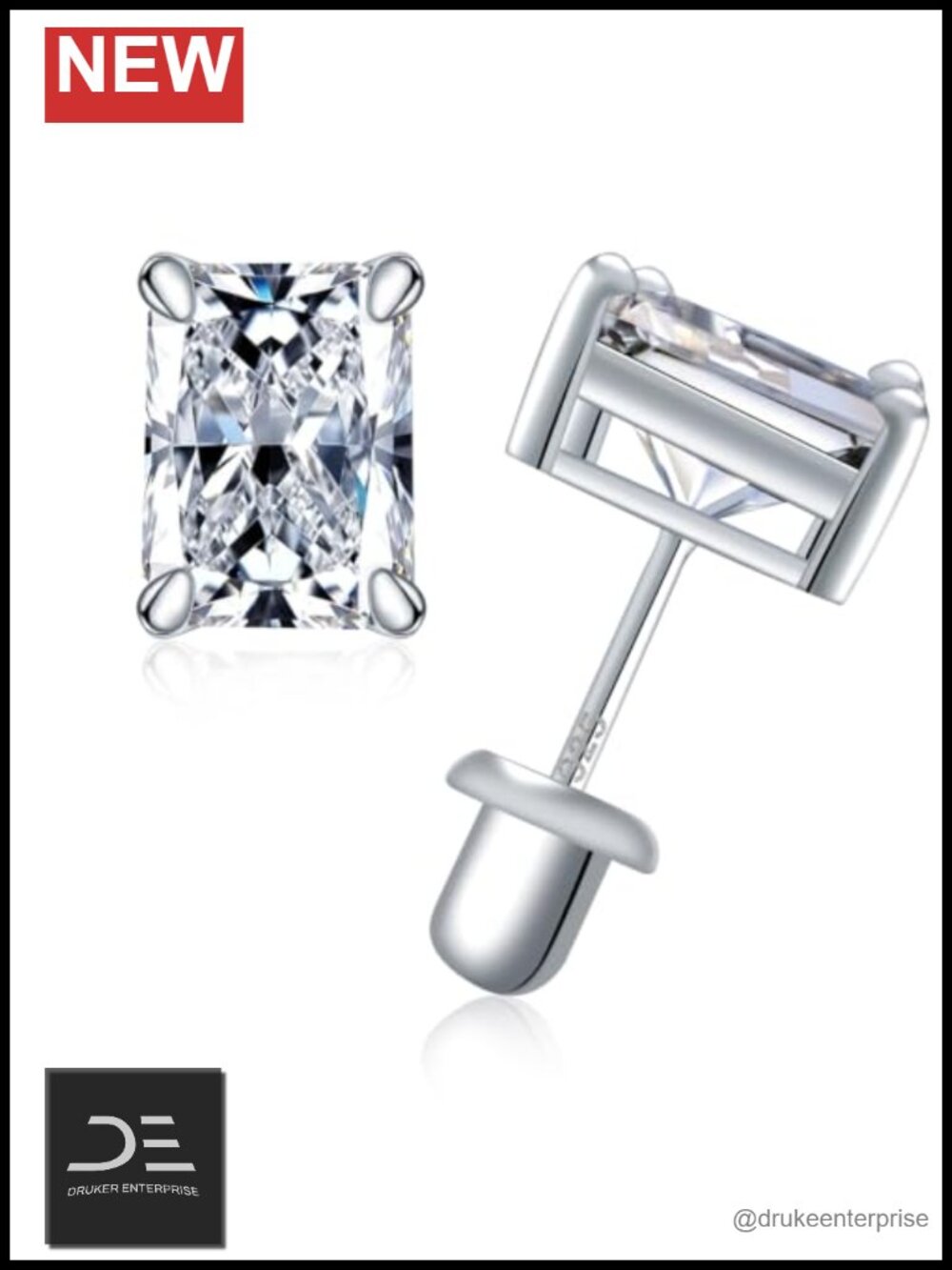 4CT Radiant Cut Moissanite Screw Back Stud Earrings 925 Sterling Silver